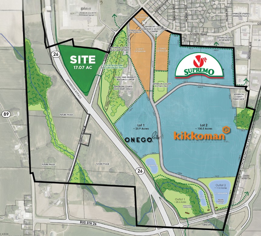 Full Jefferson Food and Beverage Innovation Campus map identifying Kikkoman, Supremo, Onego Bio, and the subject site