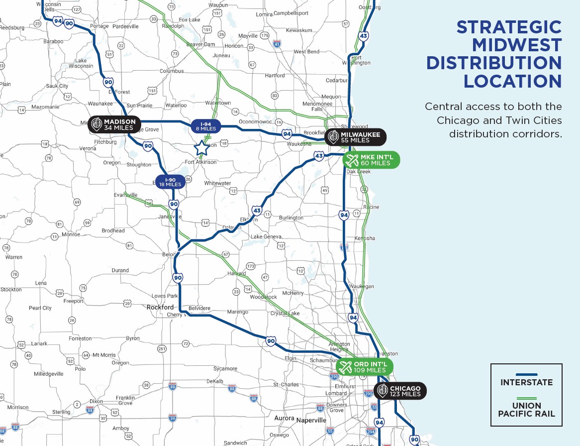 Regional map showing Jefferson's access to Madison, Milwaukee, Chicago, interstates, airports, and rail